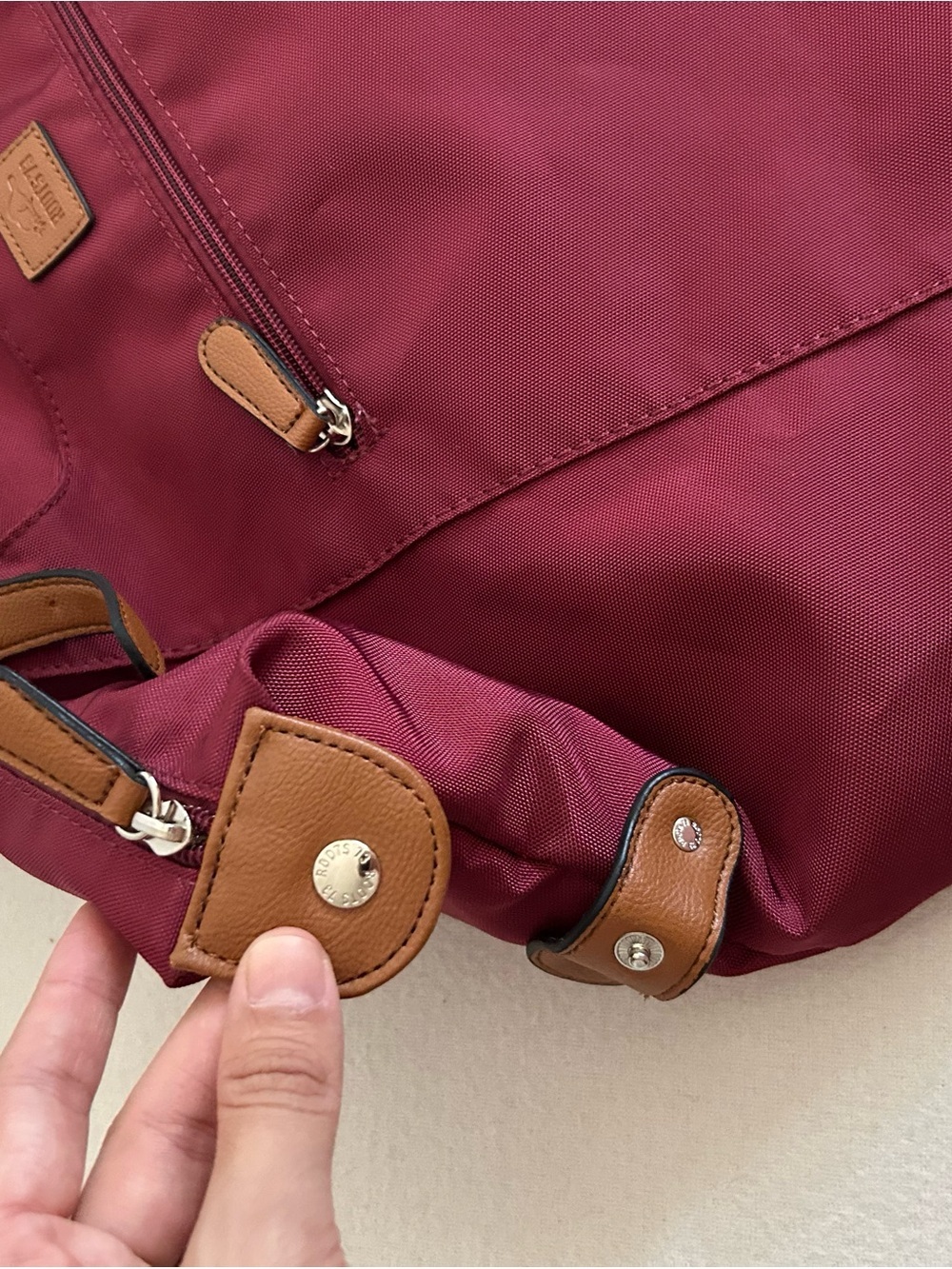 Roots 73 Burgundy Large Nylon Tote Bag with Tan Handles R4700 - Picture 3 of 7
